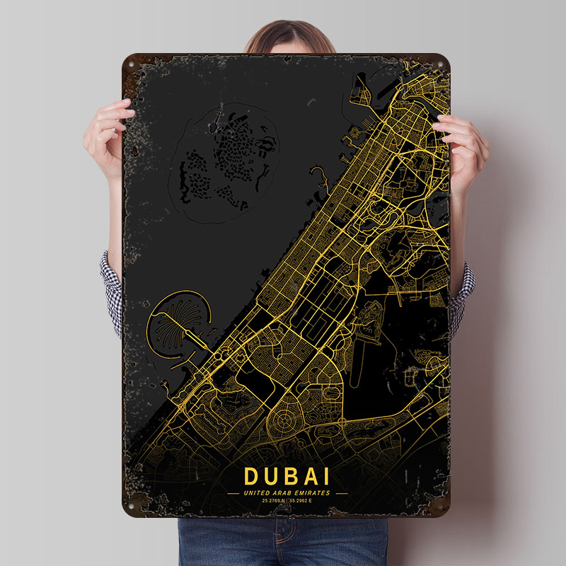Home Decor Dubai - Mapa Metálico Dorado de Dubái, Póster