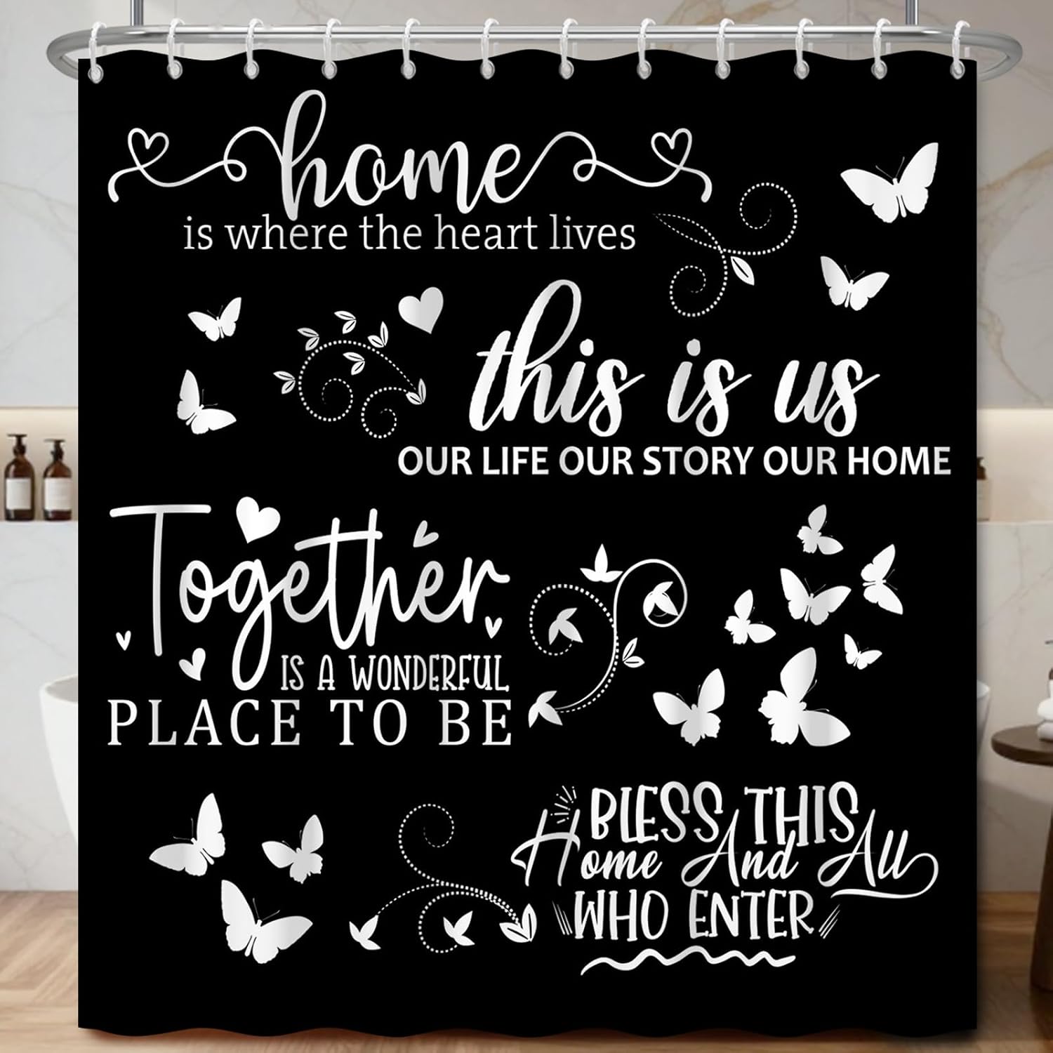 Home Decor Quotes Ideas - Cortina de Ducha Negra con Frases